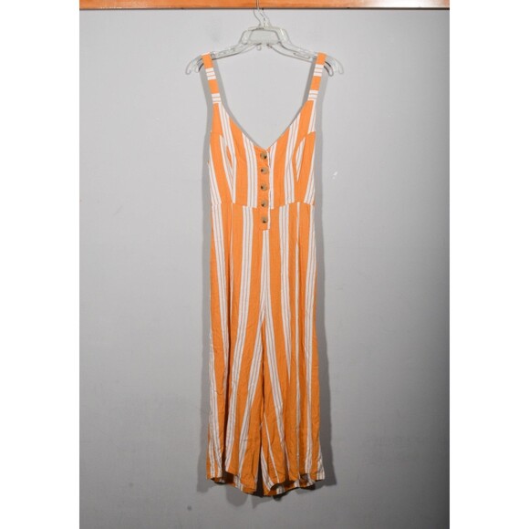 Cali 1850 Pants - Cali 1850 Linen Blend Mustard Yellow Stripe Open Back Wide Leg Jumpsuit Sz XL